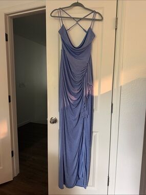 VELVI Periwinkle Blue Draped Cowl Neck Maxi Dress